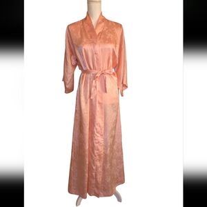 Vintage 1970s Arnel Satin Hostess Robe Peach Floral Maxi Made USA Pocket